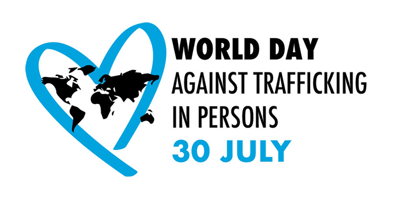 black silhouette of world continents surrounded by a blue heart. the text reads world day against trafficking in persons 30 july.